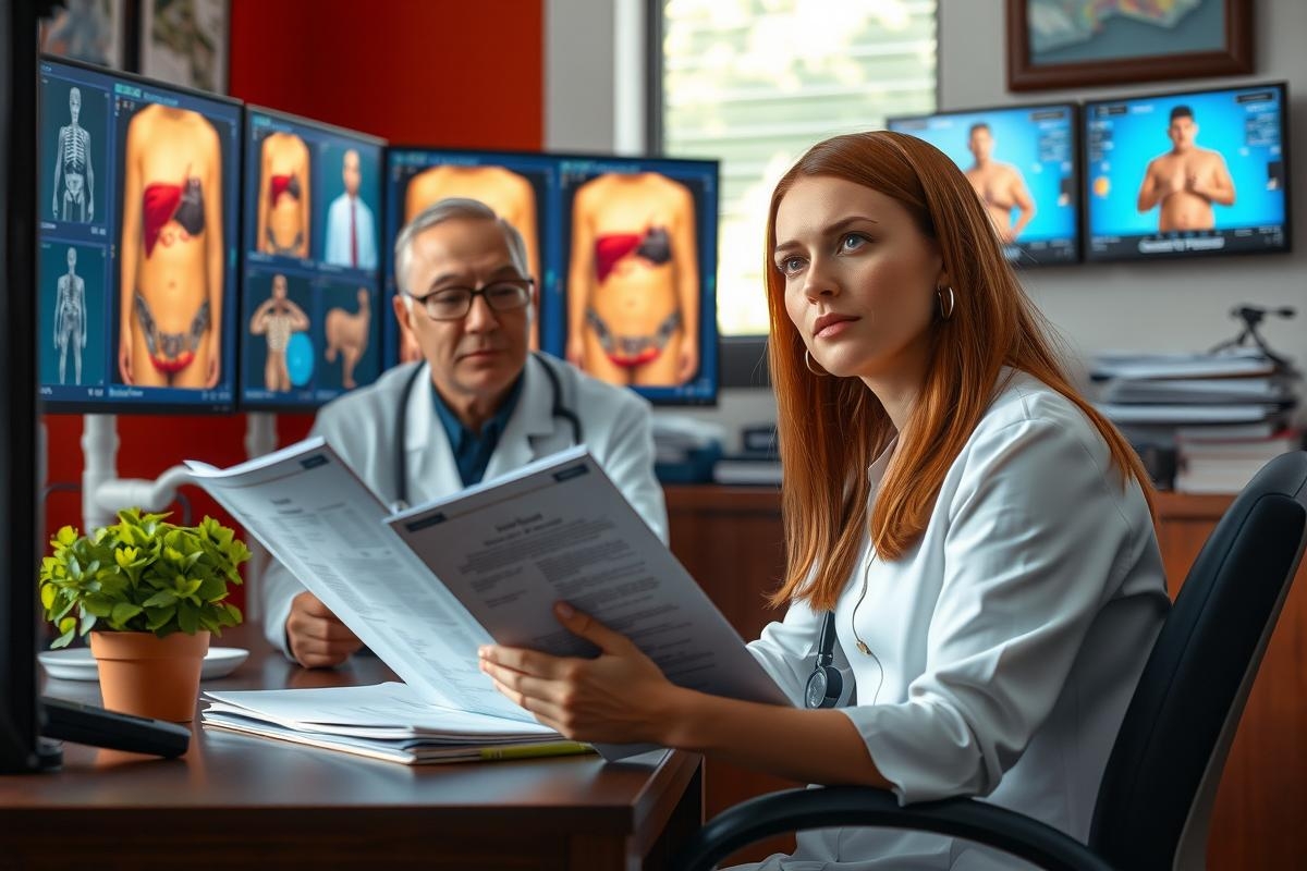 A woman with red hair is reading documents at a desk in an office. She has on medical scrubs and appears focused. A man in eyeglasses sits across from her, also looking over the papers. They are both wearing white lab coats which suggests they might be medical professionals. In the background there are multiple screens displaying different medical images like scans or x-rays.