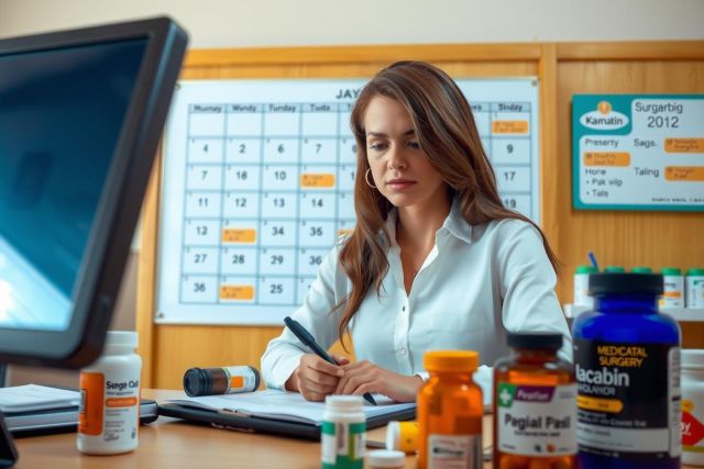 A woman wearing a white shirt sits at her desk with an array of prescription bottles before her. Her desk is organized and she appears to be working or reviewing her work, which suggests a professional environment possibly related to healthcare or pharmaceuticals.