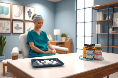 The image depicts a professional setting where a healthcare worker in scrubs is seated at a desk. On the table, there are various medical supplies including medication bottles and containers that suggest clinical or pharmaceutical services. The environment suggests a modern, possibly well-equipped office for healthcare professionals.