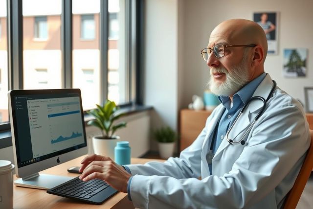A middle-aged doctor in a medical office environment, using a laptop with various medical charts displayed on the screen. The doctor is focused and appears to be reviewing patient data.