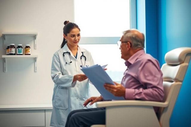 Doctor consults with a patient in a medical office. A female doctor in a white coat is reviewing a chart with an elderly man. Healthcare, examination, and patient care are visible.