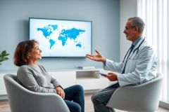 Doctor consults with a patient in a modern office setting. A world map displayed on a screen suggests global health discussions. Warm, inviting colors and a focus on healthcare create a professional and reassuring atmosphere. Medical consultation, healthcare, patient care.