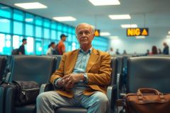 Older man in a blazer and pants sits on a bench, possibly at an airport. The image features warm tones contrasting with a cool, blue background. Travel, waiting, portrait, senior, bench.