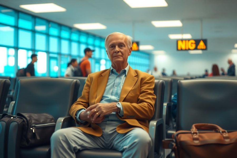 Older man in a blazer and pants sits on a bench, possibly at an airport. The image features warm tones contrasting with a cool, blue background. Travel, waiting, portrait, senior, bench.