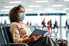Woman wearing a face mask sits in an airport waiting area, holding a tablet. The scene features a modern, brightly lit terminal with blurred figures in the background, suggesting travel and safety precautions. Predominant colors are beige, gray, and muted tones. 
