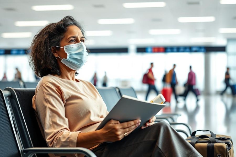Woman wearing a face mask sits in an airport waiting area, holding a tablet. The scene features a modern, brightly lit terminal with blurred figures in the background, suggesting travel and safety precautions. Predominant colors are beige, gray, and muted tones. 