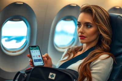A beautiful young woman relaxing in her airplane seat, holding a smartphone and looking out the window. She's dressed casually and appears to be enjoying her flight.
