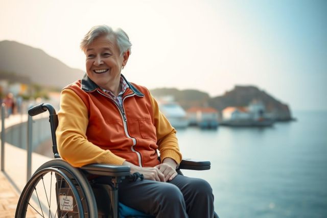 An elderly man in a wheelchair enjoys the stunning coastal view. He's wearing an orange coat, with the sea and colorful buildings in the background. It's a bright, sunny day.