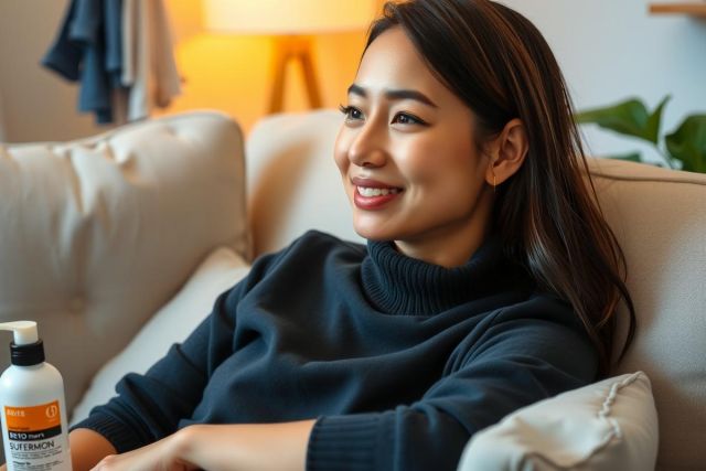 In the image, a young woman is seated on a couch in a room with natural lighting. She is smiling at the camera, exuding a relaxed and comfortable vibe. The woman is casually dressed in a black top and her hair is pulled back into a ponytail.