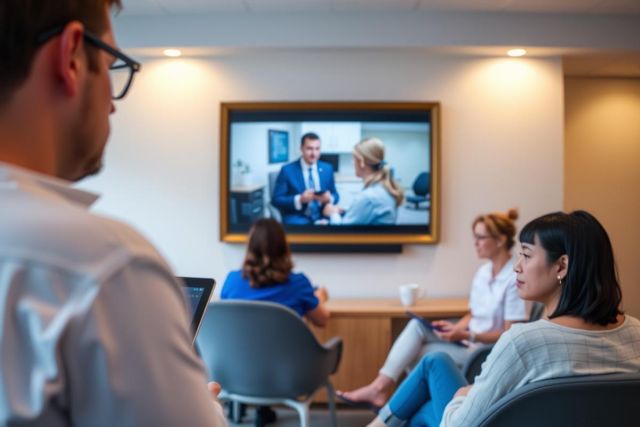 The image is a photograph of an indoor meeting room. In the center, there's a large flat-screen TV mounted on the wall displaying what appears to be a news program or presentation. The participants in the room are seated around a table engaged in conversation.