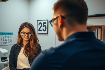 Two individuals in a professional office setting, engaging in conversation. The woman is seated behind the desk. She's dressed in business attire while the man stands nearby wearing casual glasses. They are positioned near each other, suggesting an interview or meeting scenario.
