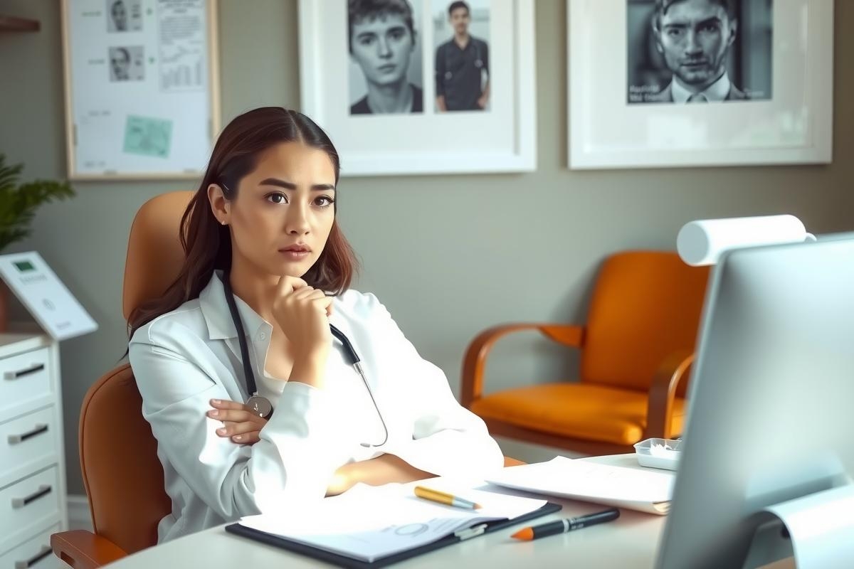 The image portrays a young woman, possibly a doctor, seated at her workstation in an office environment. She is dressed professionally and appears to be focused on her work on the computer. The room contains medical equipment such as a stethoscope, indicating a healthcare setting.