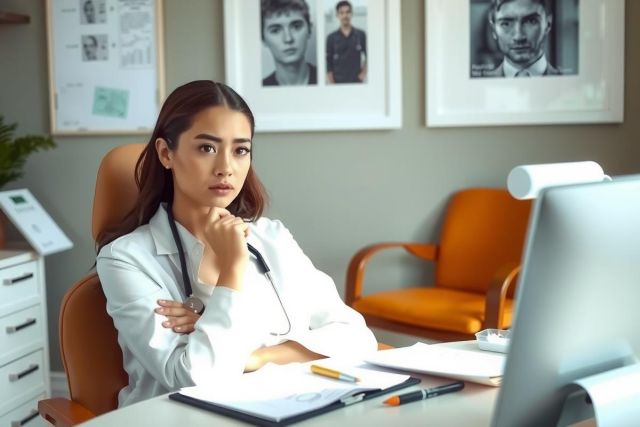 The image portrays a young woman, possibly a doctor, seated at her workstation in an office environment. She is dressed professionally and appears to be focused on her work on the computer. The room contains medical equipment such as a stethoscope, indicating a healthcare setting.