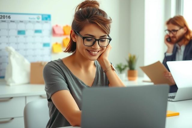 The image depicts a young woman seated at an office desk. She is wearing a sleeveless top and glasses, with her chin propped on her hand as if she's thinking or smiling. There are various objects around the desk such as papers, a laptop, a notebook, and a smartphone on a charger. 