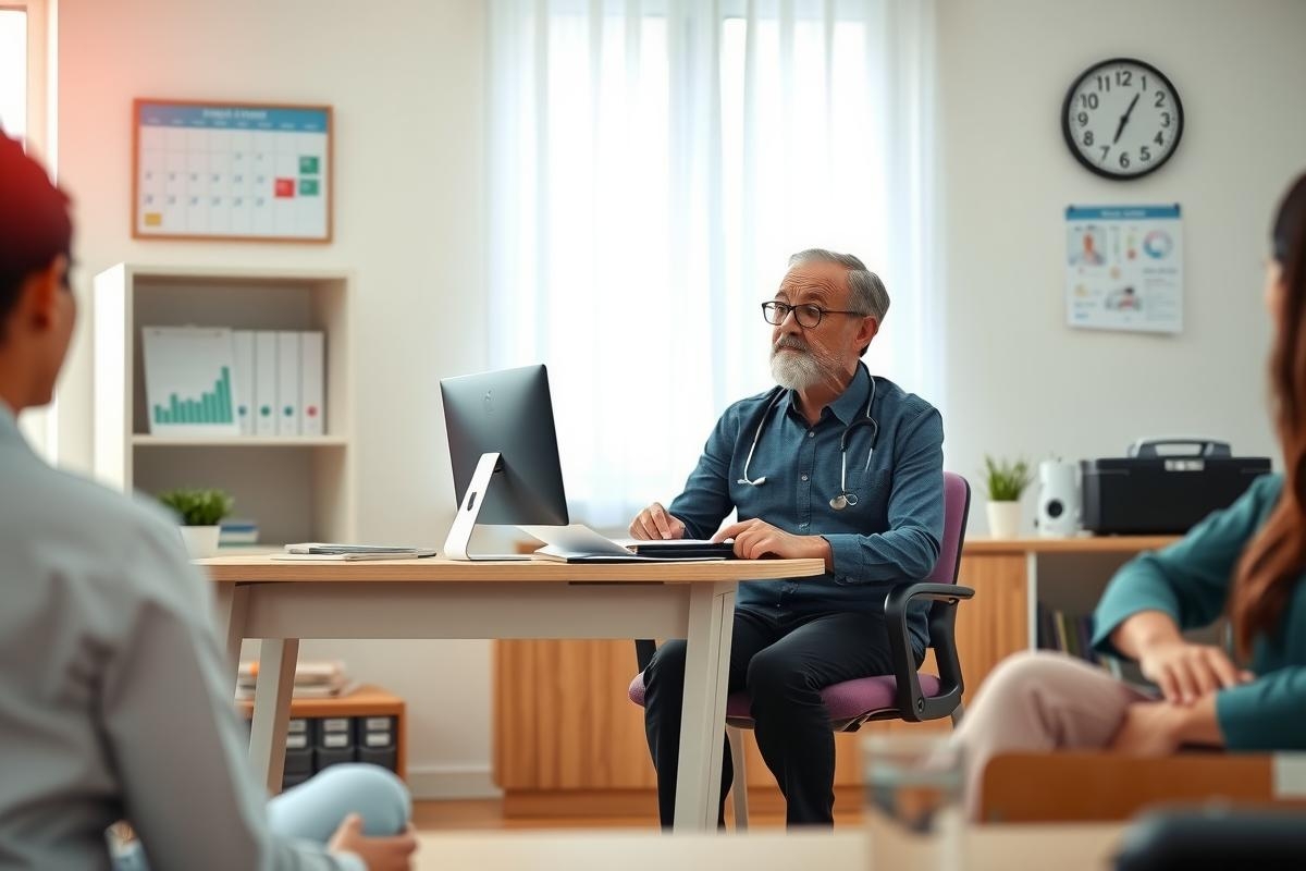 This image depicts a professional environment, likely an office or clinic. In the center stands a man with glasses and a beard, who appears to be addressing or leading a discussion with three individuals seated around him at a table.