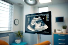 Ultrasound image displayed on a monitor in a doctor's office. The screen shows a fetal image, highlighting prenatal care and medical technology in a blue-toned environment.
