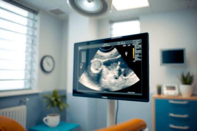 Ultrasound image displayed on a monitor in a doctor's office. The screen shows a fetal image, highlighting prenatal care and medical technology in a blue-toned environment.