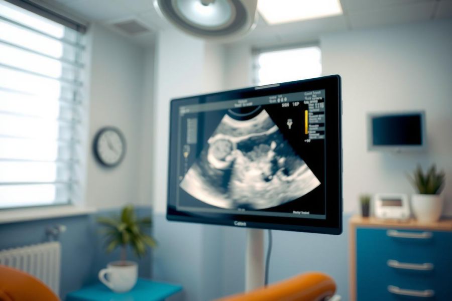 Ultrasound image displayed on a monitor in a doctor's office. The screen shows a fetal image, highlighting prenatal care and medical technology in a blue-toned environment.