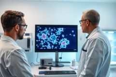 Two scientists in lab coats examine a computer screen displaying a vibrant, detailed image of cells or microorganisms. The modern laboratory setting features scientific equipment. Focus on biomedical research, genetics, and medical technology.