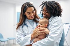 Two smiling healthcare professionals, a doctor and nurse, in white coats, gently examine a newborn baby in a bright, modern clinic setting. Focus on infant care, medical checkup, and compassionate healthcare. Warm skin tones and a clean, white background.