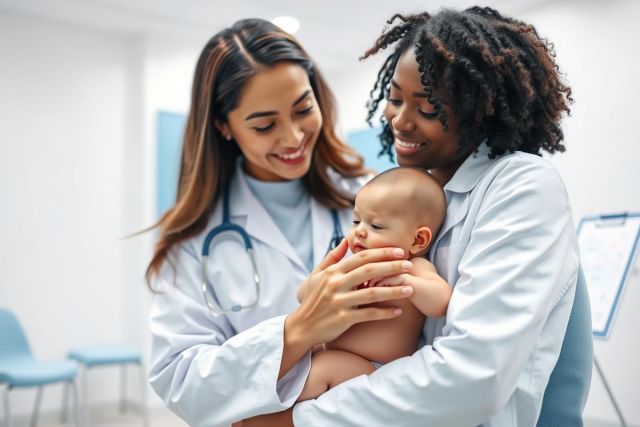 Two smiling healthcare professionals, a doctor and nurse, in white coats, gently examine a newborn baby in a bright, modern clinic setting. Focus on infant care, medical checkup, and compassionate healthcare. Warm skin tones and a clean, white background.