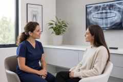 Dental clinician consulting with patient in modern exam room, panoramic X-ray visible on monitor.