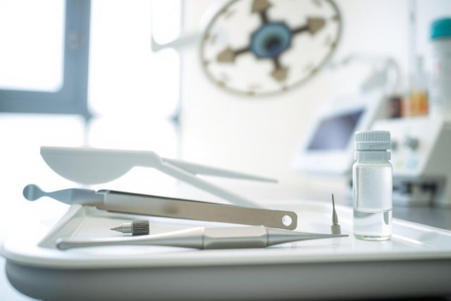 Medical instruments and a vial on a stainless steel tray. Laboratory setting with equipment visible in the background. Sterile environment, likely a hospital or research lab. White and silver tones dominate the image.