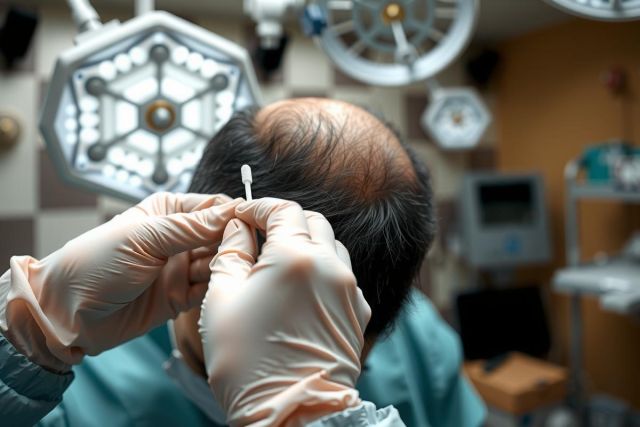 Close-up of a medical procedure. A surgeon in blue scrubs and gloves examines a patient's head with a surgical instrument, likely in an operating room setting. Focus on precision and healthcare.