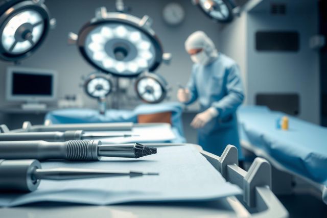 Surgical instruments on a sterile tray in an operating room. A surgeon in scrubs is visible in the background, creating a medical environment. Blue and silver tones dominate the scene.