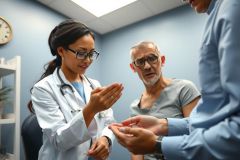 Doctor examines patient's hand in a medical office. Healthcare professional in white coat checks the patient's skin condition. Blue background, close-up shot, focus on medical consultation.