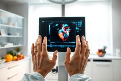 Medical imaging display showing a detailed heart scan in blue and red tones. A healthcare professional in a blue lab coat examines the image in a modern, bright medical office setting with fruit visible. Focus on cardiology and diagnostic technology.