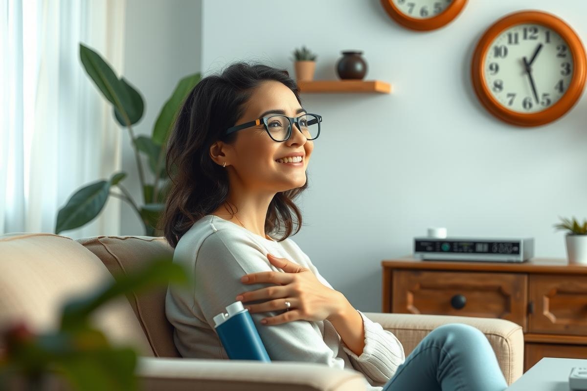 A woman sitting on a couch in a cozy living room. She is wearing glasses, has her hand on her chest and smiles warmly. The room features clocks on the wall and potted plants.