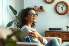 A woman sitting on a couch in a cozy living room. She is wearing glasses, has her hand on her chest and smiles warmly. The room features clocks on the wall and potted plants.