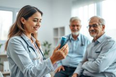 A female doctor in a light blue coat explains how to use an inhaler to two elderly male patients in a bright, modern clinic. The scene depicts healthcare consultation and respiratory health management. Focus is on patient care and medication guidance.