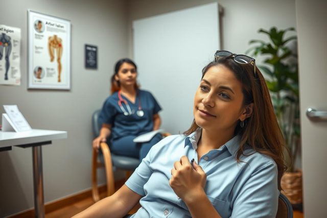 In the image, there are two people in a medical setting. The woman on the right is sitting and appears to be a patient, while the woman on the left is standing and likely a healthcare professional. Both individuals are engaged in a conversation with each other. The room has medical posters on the wall, indicating it's a clinical or hospital environment.