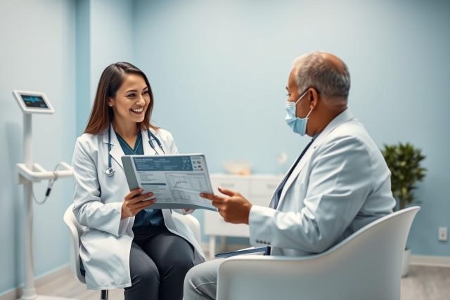 Doctor and patient consultation in a bright, modern clinic. A female doctor in a white coat discusses medical data displayed on a tablet with a male patient also wearing a white coat and face mask. Blue and white tones dominate the scene, representing healthcare and professionalism.