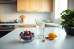 Fresh berries in a bowl with a glass of water and sliced lemon on a white kitchen counter. Healthy breakfast or snack scene with natural light.