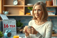 The image features a woman in a domestic setting, likely her kitchen. She has short blonde hair and is wearing a white top, holding a mug of tea.