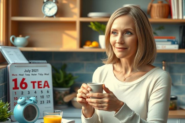 The image features a woman in a domestic setting, likely her kitchen. She has short blonde hair and is wearing a white top, holding a mug of tea.