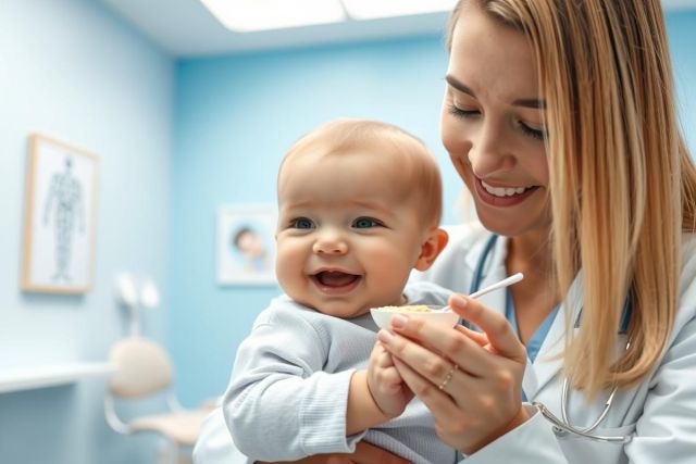 A smiling pediatrician in a blue exam room feeds a happy baby with a spoon. Healthcare, infant care, and childhood wellness are key themes. Bright, cheerful colors and a focus on a positive doctor-patient relationship.