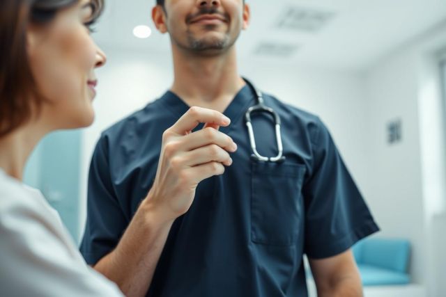 Doctor in blue scrubs consults with a patient in a modern, bright medical clinic. Focus on healthcare professionals, patient care, and a clean, clinical environment. Featuring a stethoscope and warm, approachable tones.