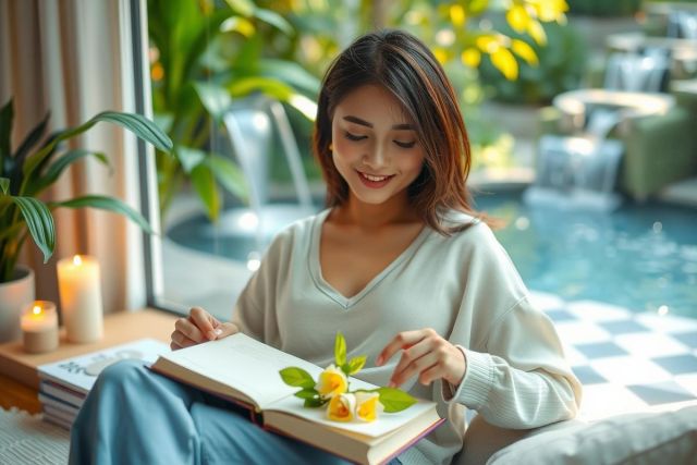 A woman is seen enjoying a book outdoors. She is comfortably seated on a couch, surrounded by lush greenery including potted plants and a cascading waterfall in the background. The environment suggests a serene reading spot. She holds a book with her eyes closed, appearing to be relishing the story amidst nature's tranquility.