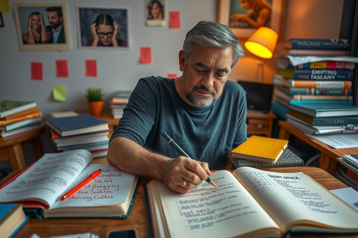 A man writing in an open book with a pen. He is appears to be focused on his task, surrounded by books and papers indicating a workspace or study area.