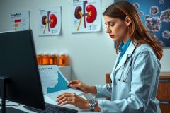 A female doctor wearing a white lab coat is seated at her desk, working on patient records. She appears focused and professional in an office setting with medical-related diagrams on the wall.