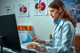 A female doctor wearing a white lab coat is seated at her desk, working on patient records. She appears focused and professional in an office setting with medical-related diagrams on the wall.