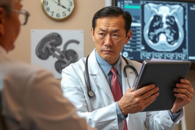 The image shows a professional medical setting, likely an office or clinic. In the foreground, there is a doctor holding a tablet and examining its contents. The doctor appears to be focused on his work. 