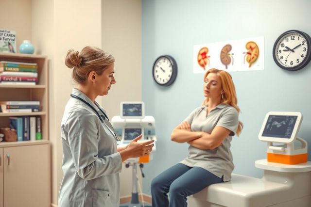 The image shows a scene in an examination room. There are two women; one is seated on an examination table, and the other stands beside her. The woman standing appears to be a medical professional wearing scrubs.