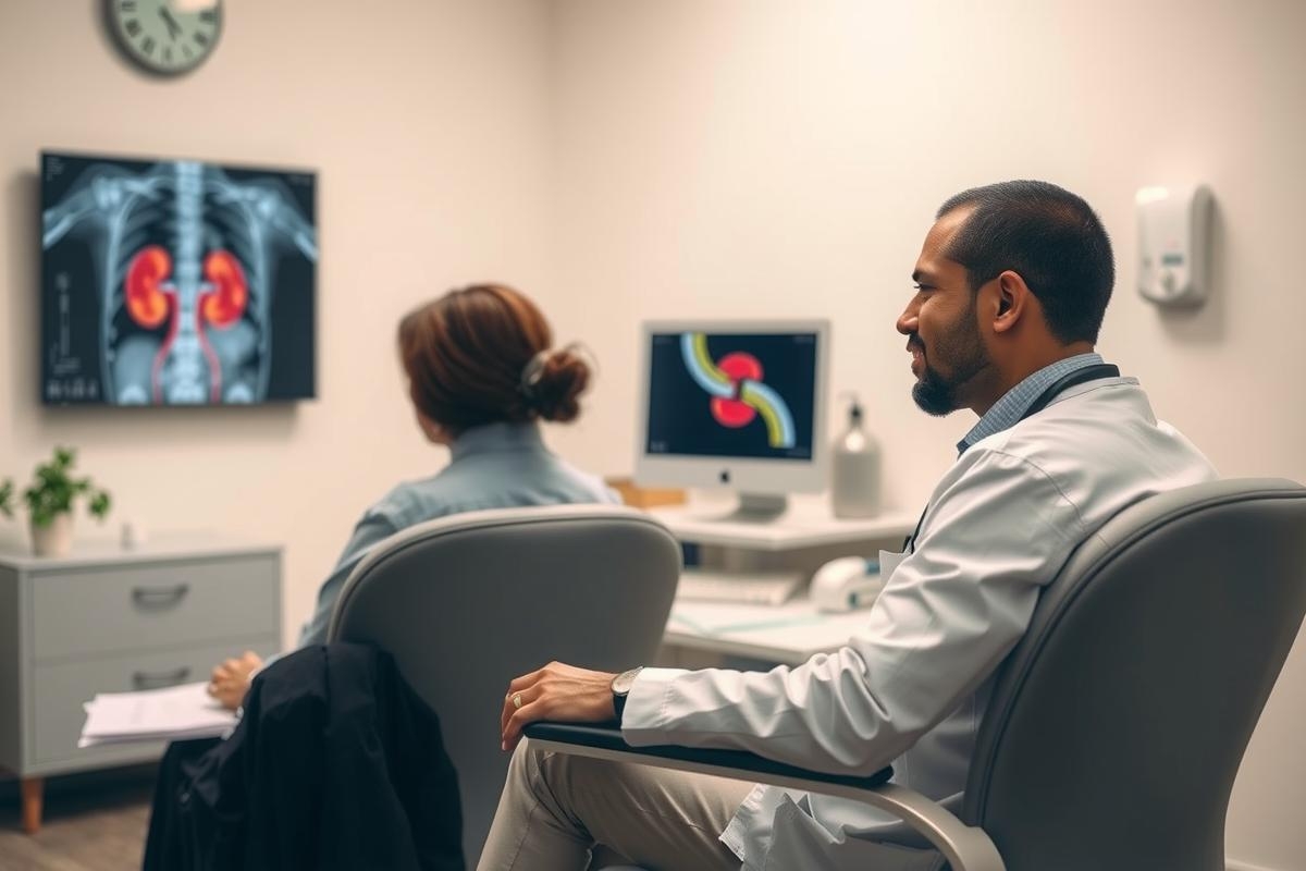 The image depicts an indoor medical office setting. There are two people, a male and female, seated in front of each other. The man is wearing a white lab coat and has a beard; he appears to be listening intently. To his left is a woman with short hair who is also dressed professionally. 