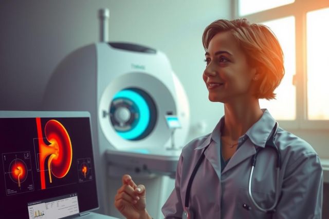 The image shows a modern healthcare setting with a female physician. She is wearing medical attire and appears to be examining patient data on a computer screen, possibly using advanced technology like an MRI machine. 
