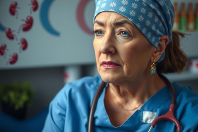 This image depicts an older female medical professional, likely a surgeon or physician, wearing a surgical mask and scrubs. She appears to be in a clinical environment, possibly an operating room or hospital setting. 